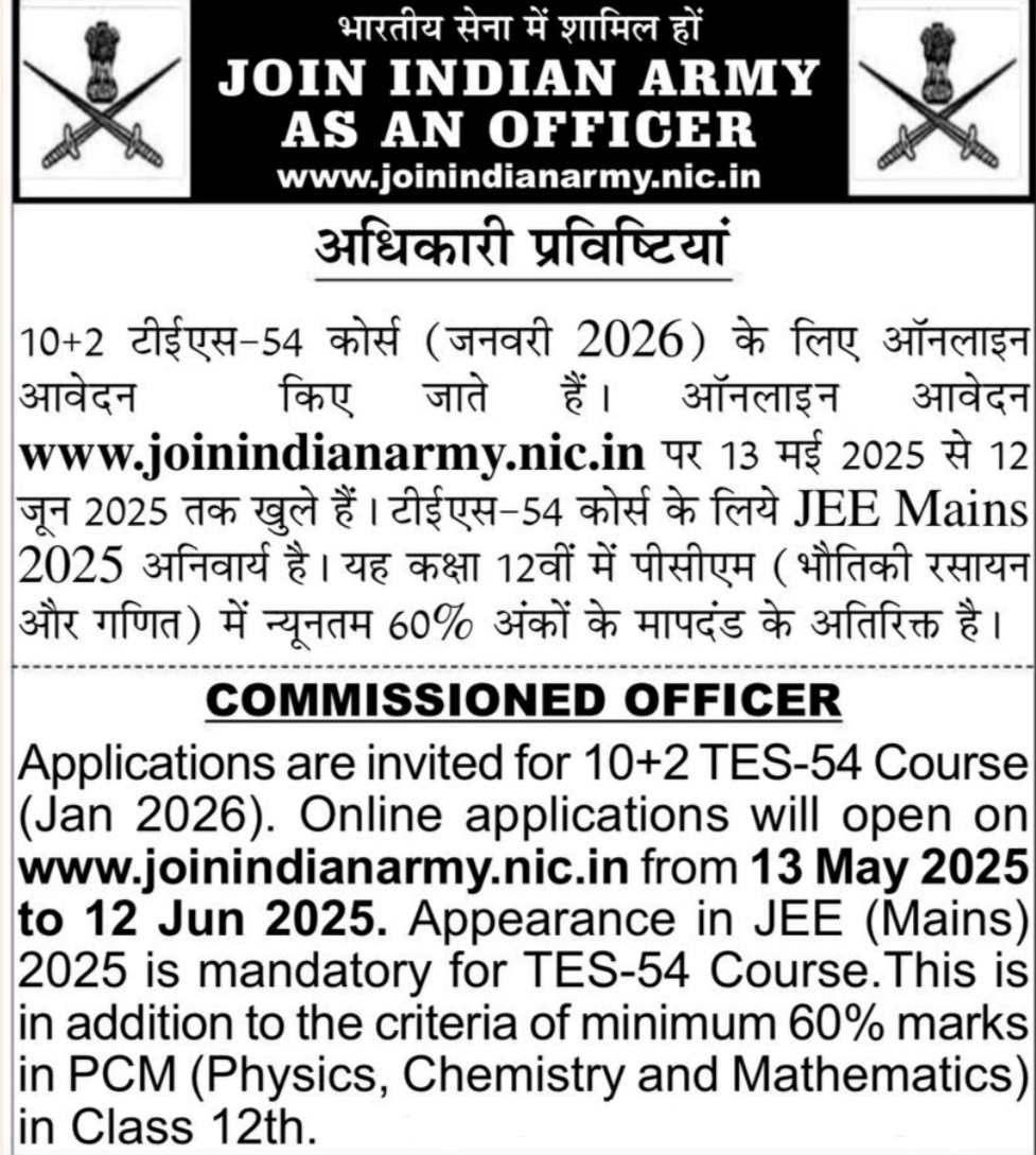 Indian Army Test 54 Recruitment 2025 